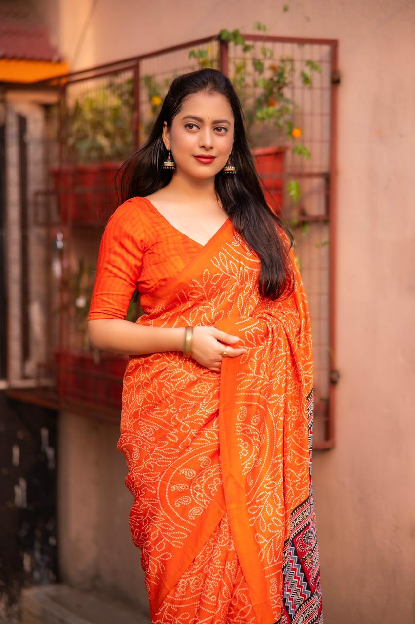 Orange Silk Blend Ajrak Saree with Unstitched Blouse