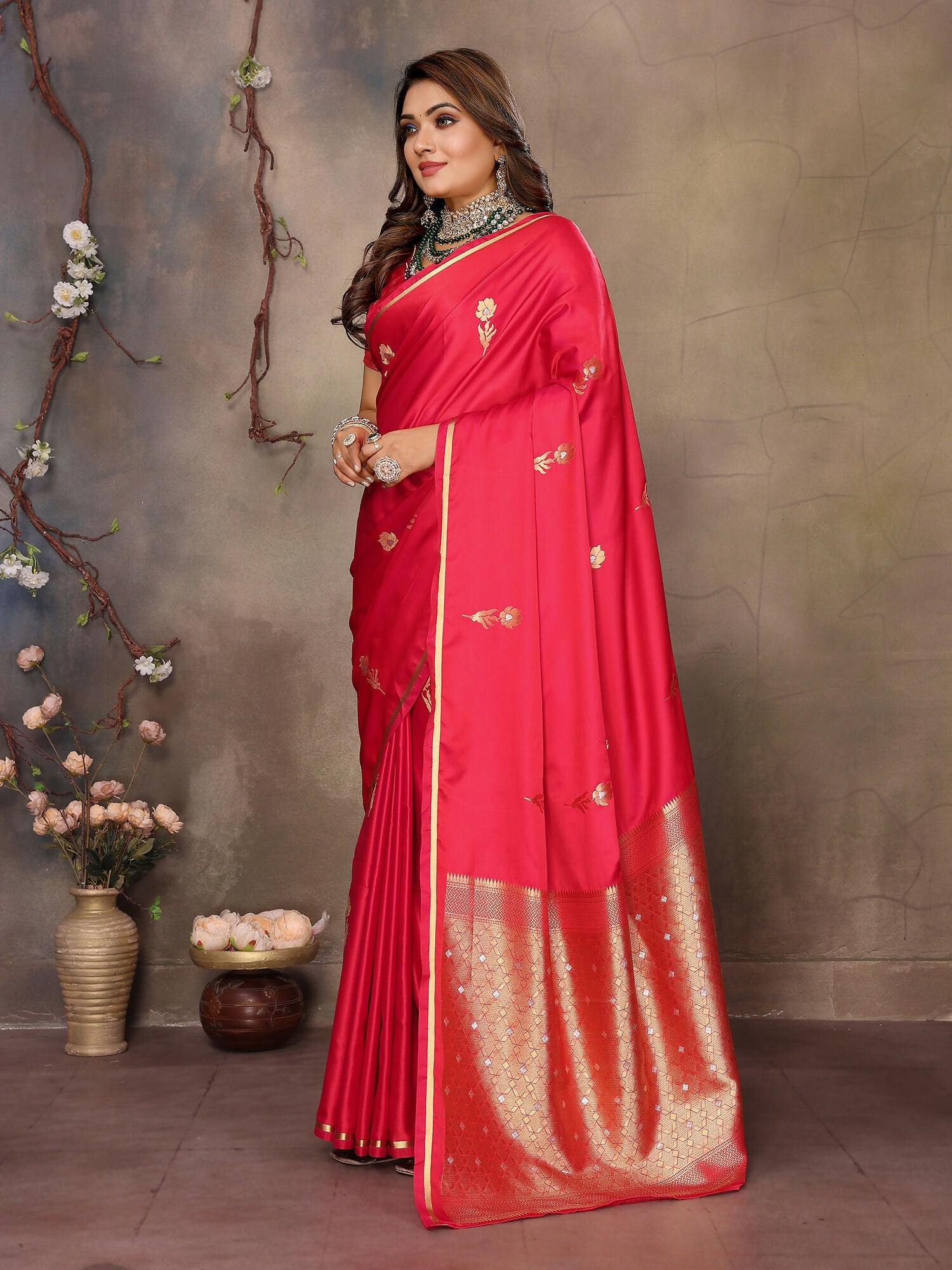 Brick Red Floral & Botanical Satin Silk Banarasi Saree