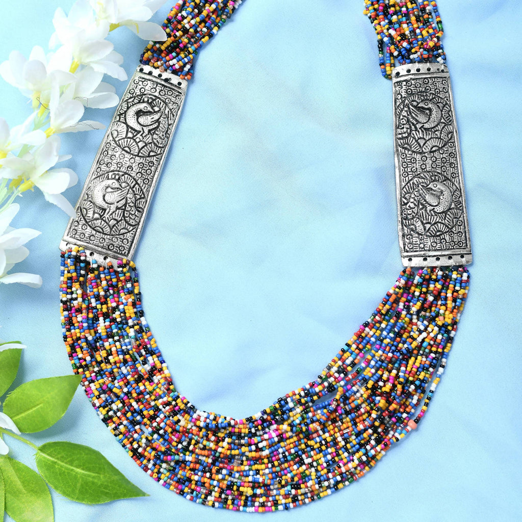 Oxidised Multi Bead Long Statement Necklace for Ethnic Fusion