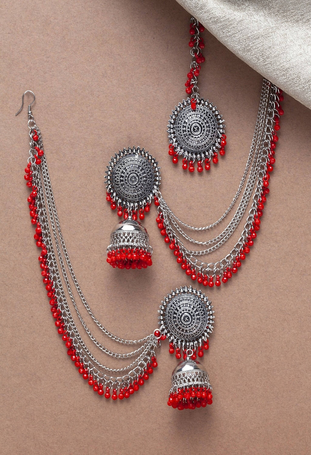 Bahubali Red Beads Earrings with Matching Tikka Set