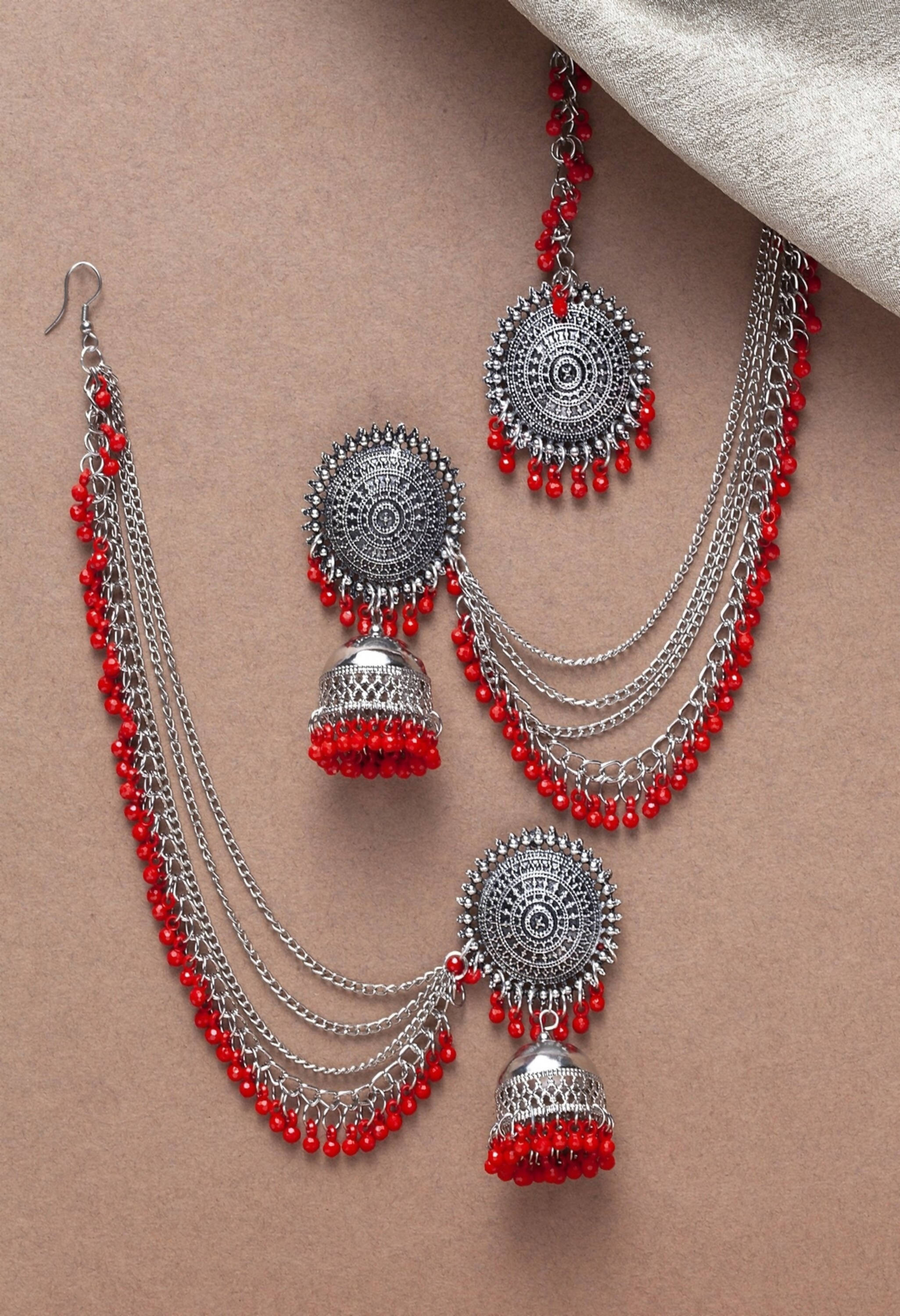 Bahubali Red Beads Earrings with Matching Tikka Set