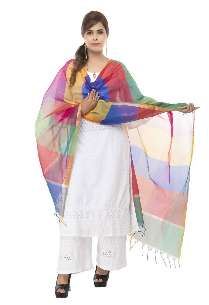 Multi-Colored Banarsi Chanderi Silk Dupatta with Geometric Print