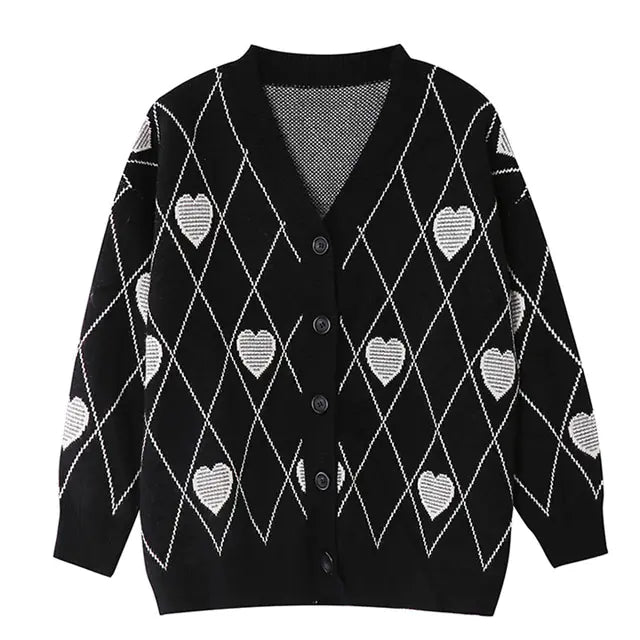 Women's Heart Jacquard Loose Sweater in Black