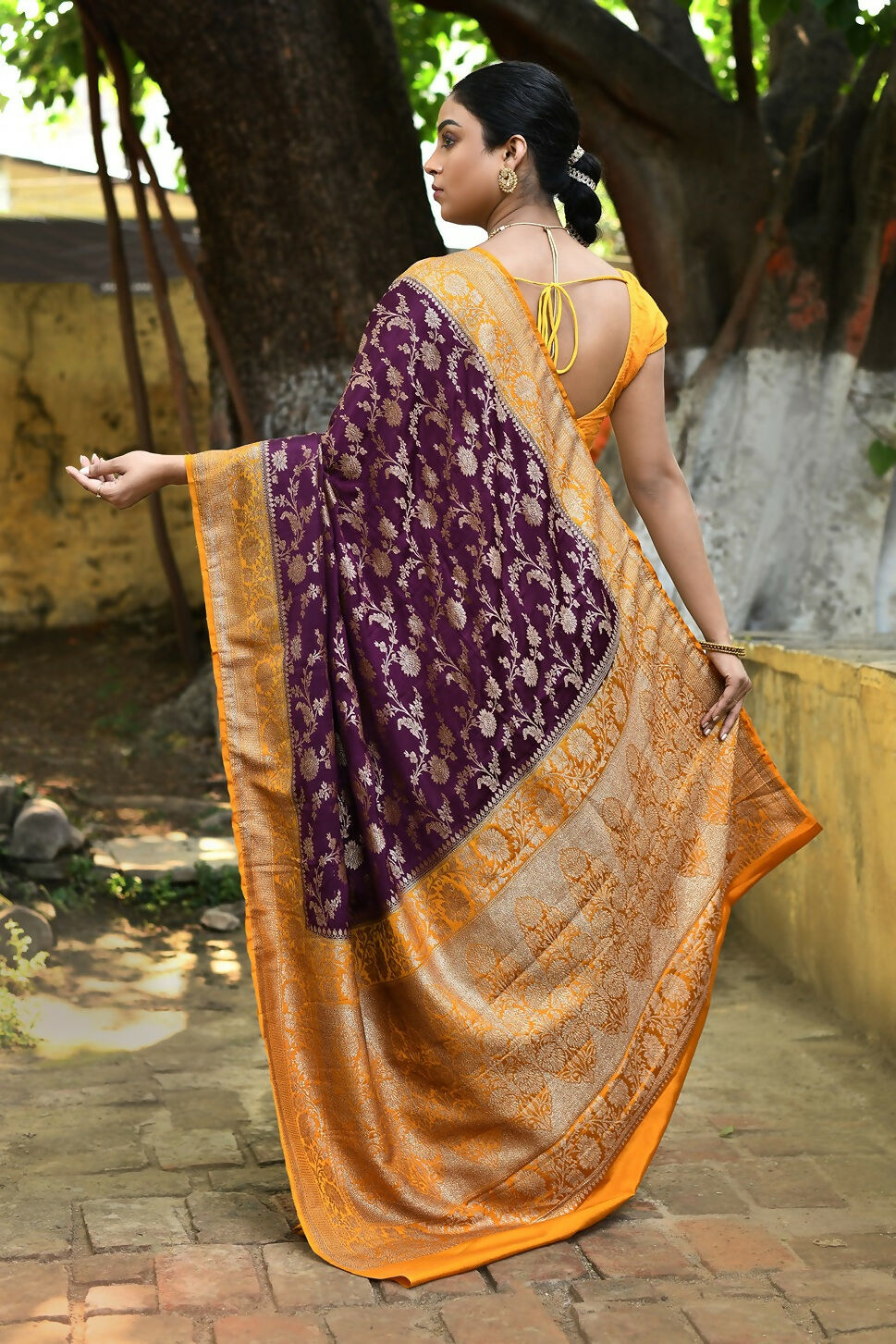 Purple Crepe Chiffon Pure Handloom Banarasi Silk Saree