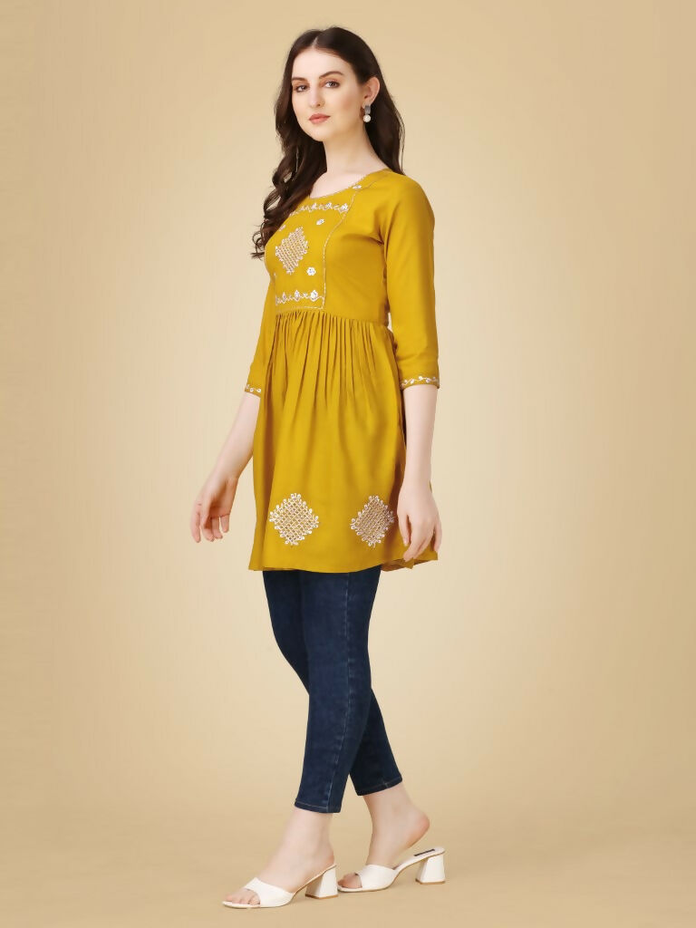 Women's Mustard Embroidered Casual Top with Sequence Work
