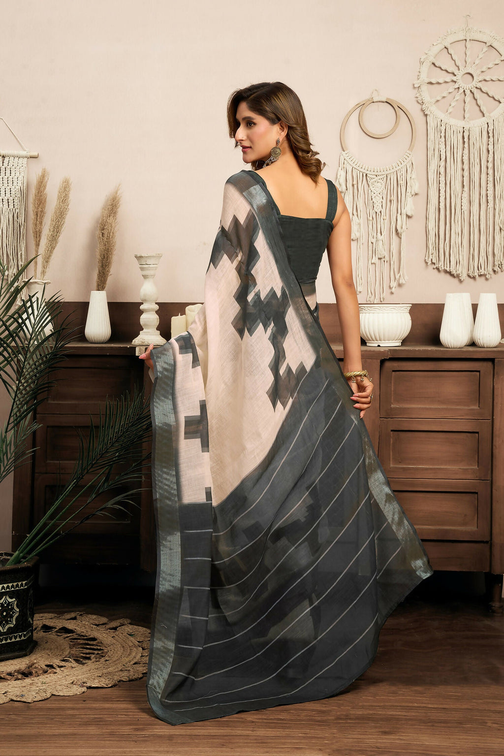White and Grey Ethnic Motifs Linen Ready to Wear Saree