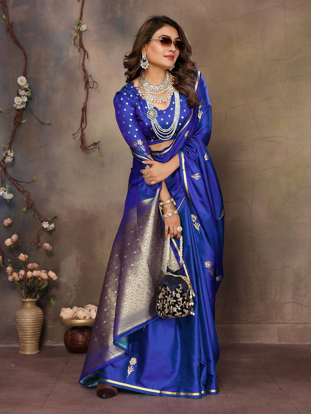 Royal Blue Floral & Botanical Satin Silk Banarasi Saree