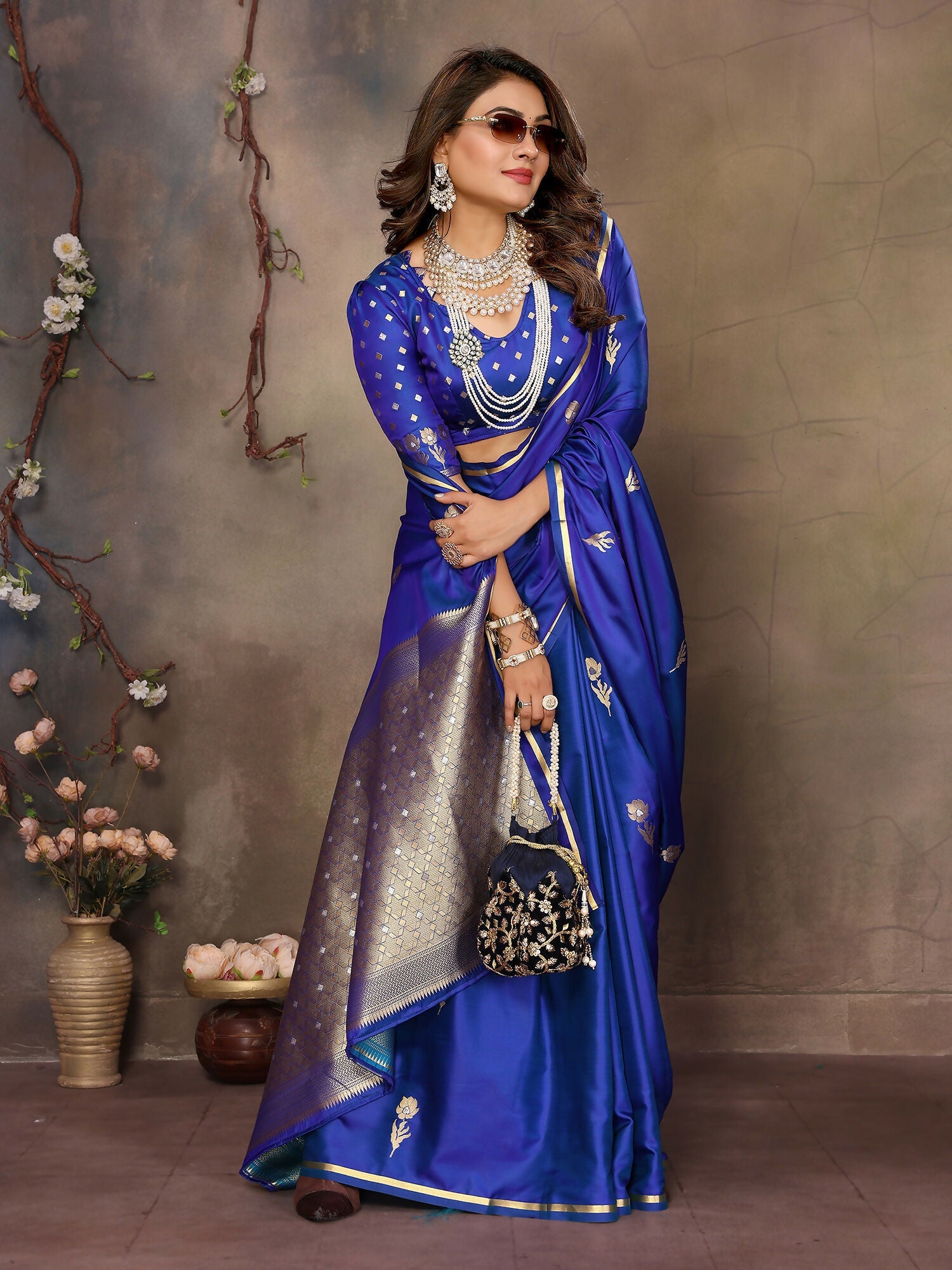 Royal Blue Floral & Botanical Satin Silk Banarasi Saree