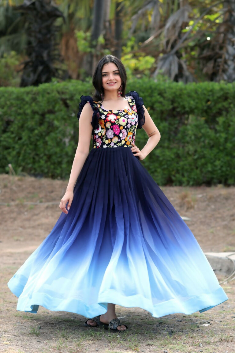 Women's Blue Sequins Embroidery Faux Blooming Anarkali Dress