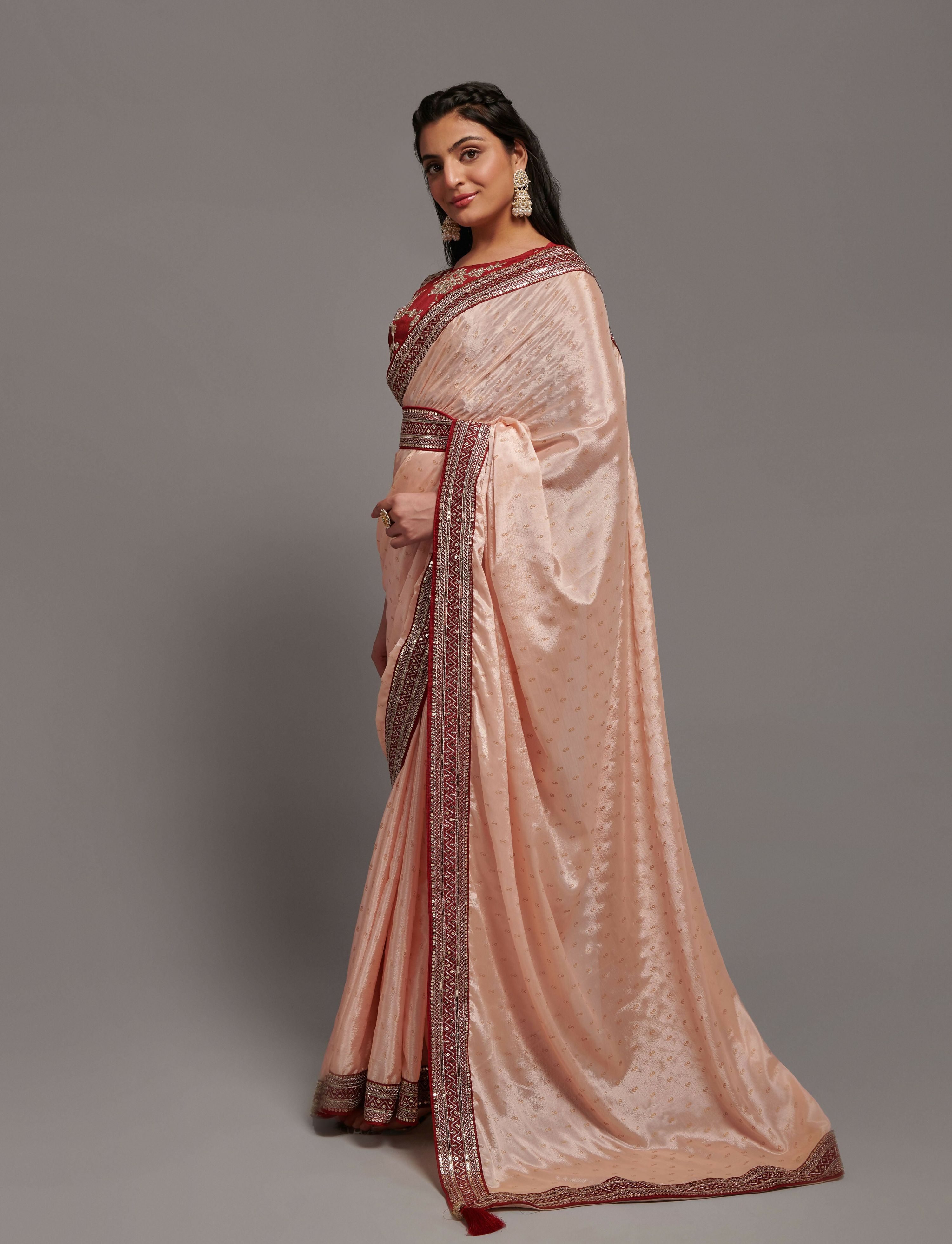 PR Fashion Peach Chinon Embroidery Lace Saree