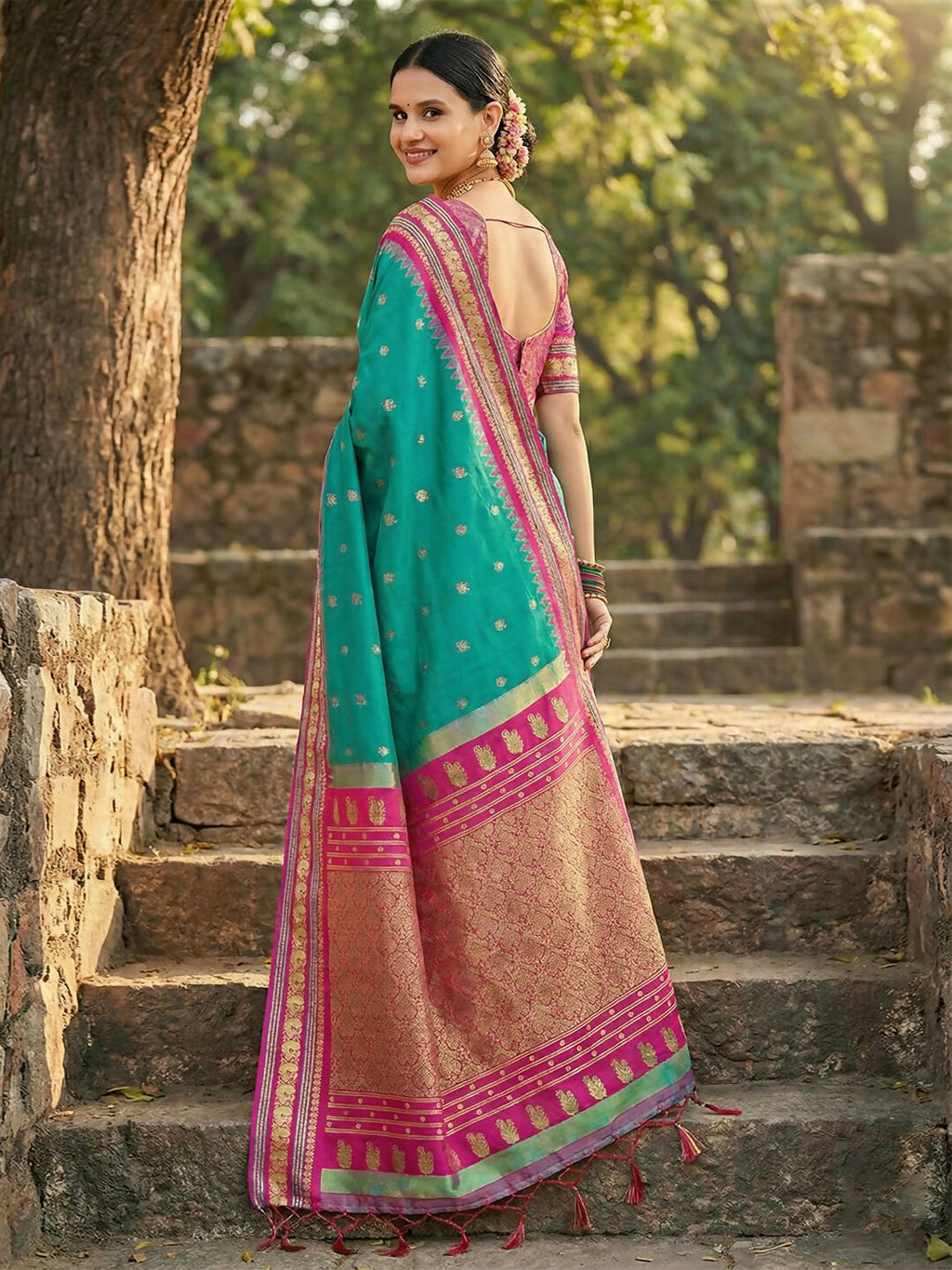 Sea Green Soft Silk Saree with Matching Blouse Piece