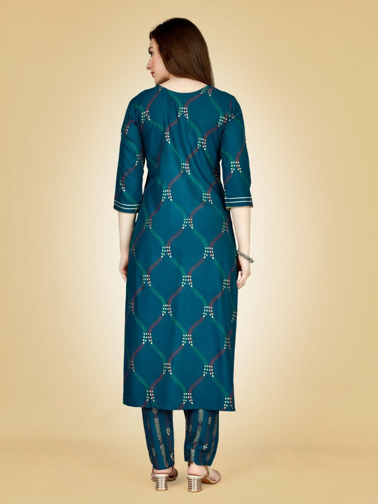 Women's Teal Embroidered Straight Kurta and Pant Set in Rayon