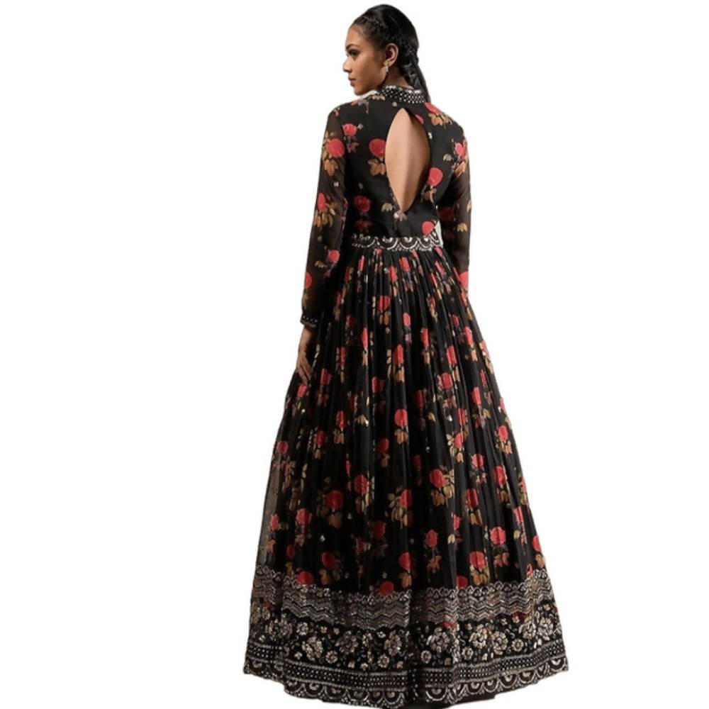 Black Georgette Designer Gown with Floral Print and Sequence Work