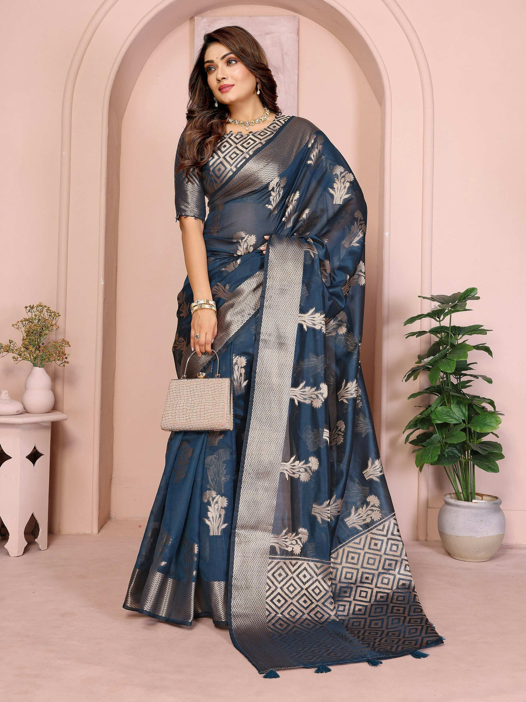 Teal Soft Organza Silk Weaving Saree with Elegant Drape