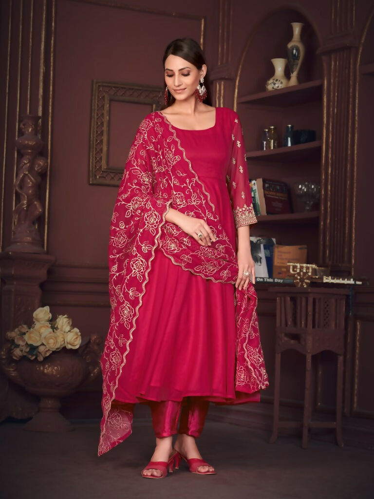 Rani Pink Georgette Embroidered Anarkali Kurta Pant Set with Dupatta