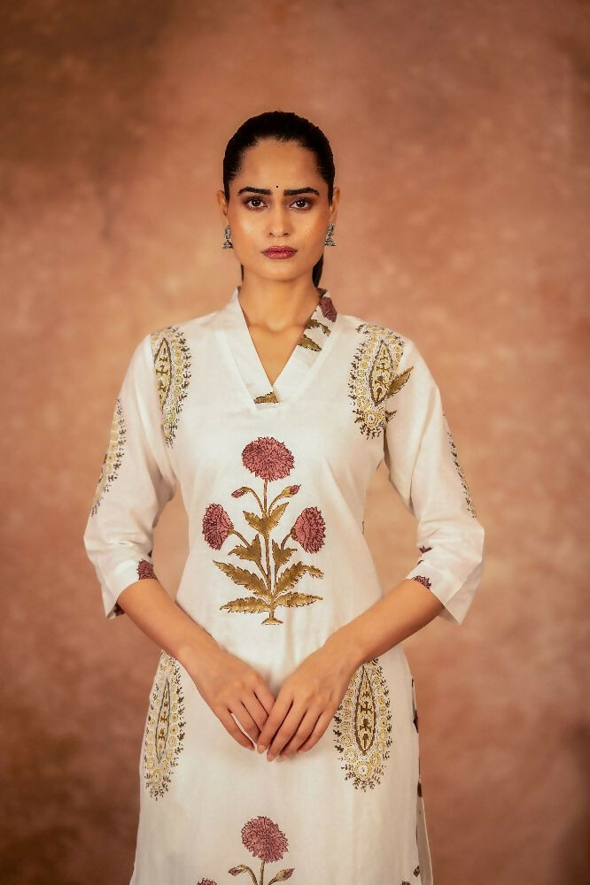 Off White Red Floral Hand Block Printed Cotton Kurta Pant Set