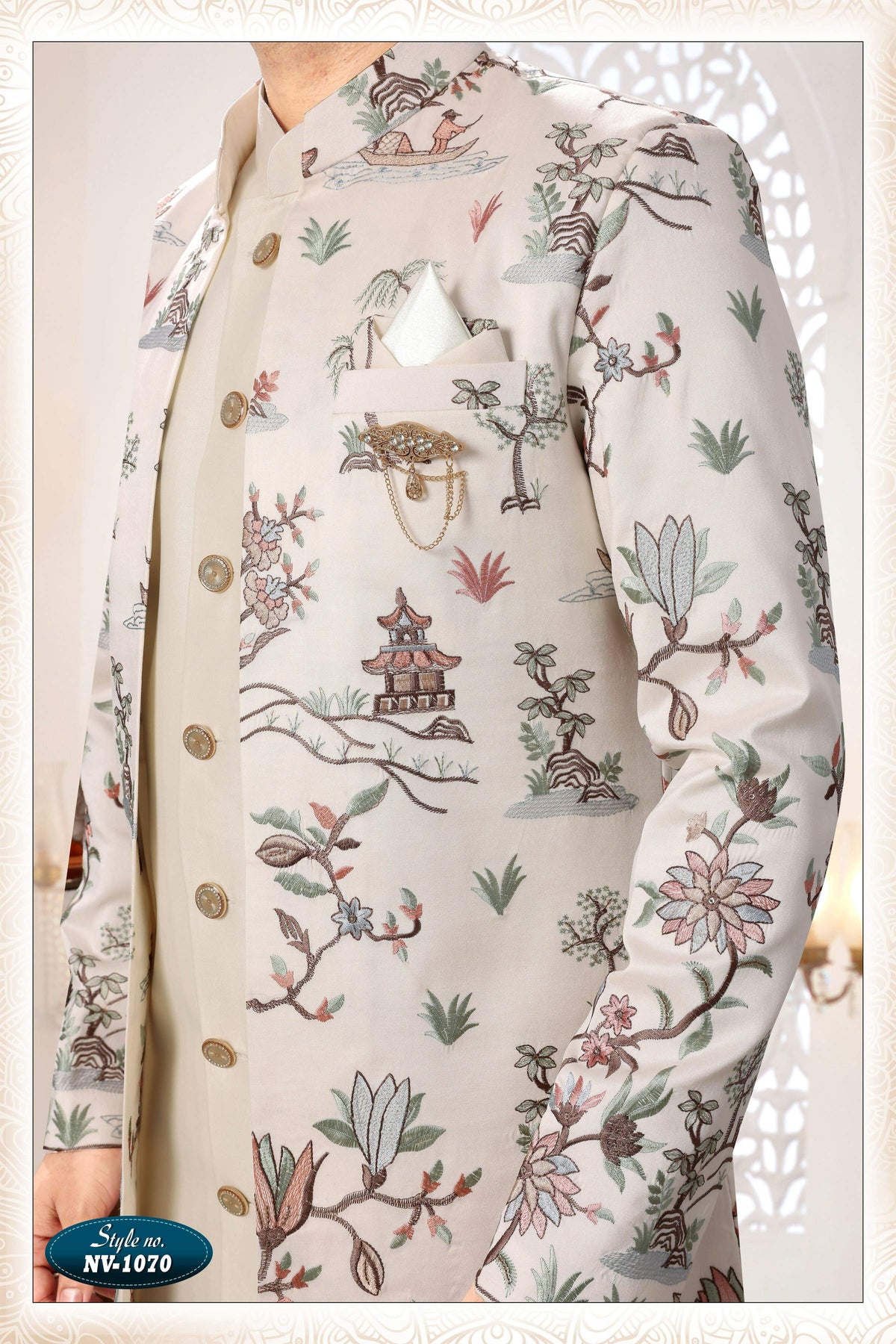Men's Cream Malai Silk Kurta Set with Thread and Sequence Embroidery