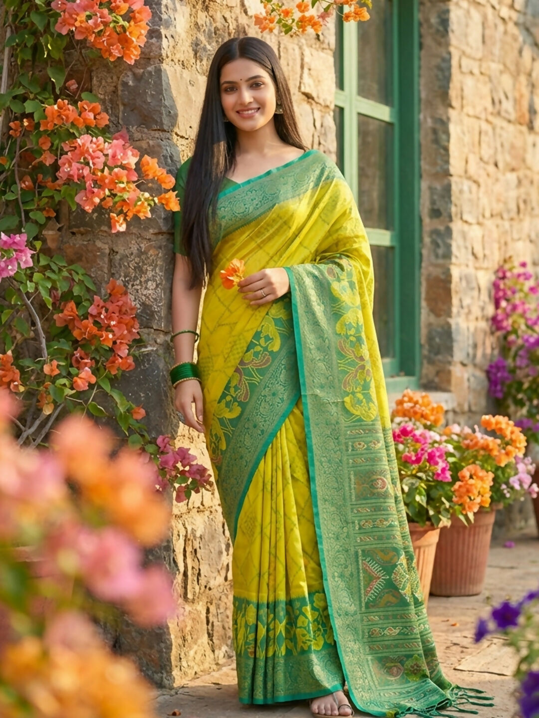 Green Pochampally silk saree with classic geometric patterns