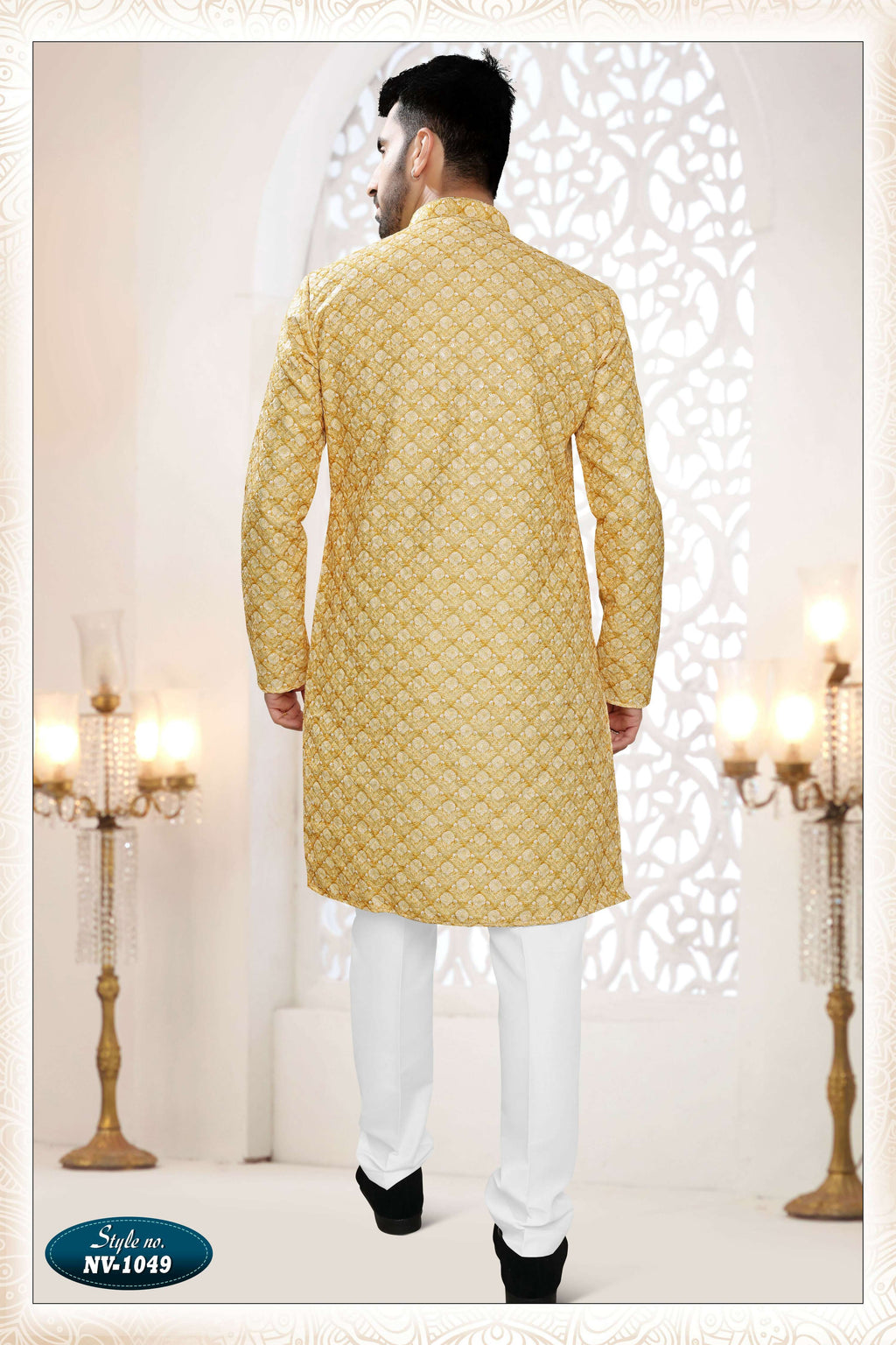 Men's Yellow Straight Kurta Set with All Over Silk Thread Embroidery