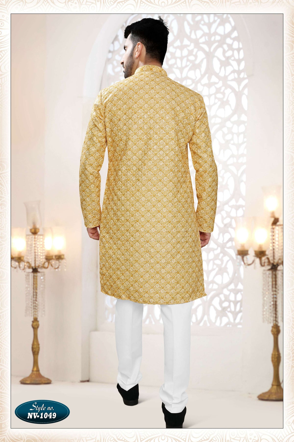 Men's Yellow Straight Kurta Set with All Over Silk Thread Embroidery