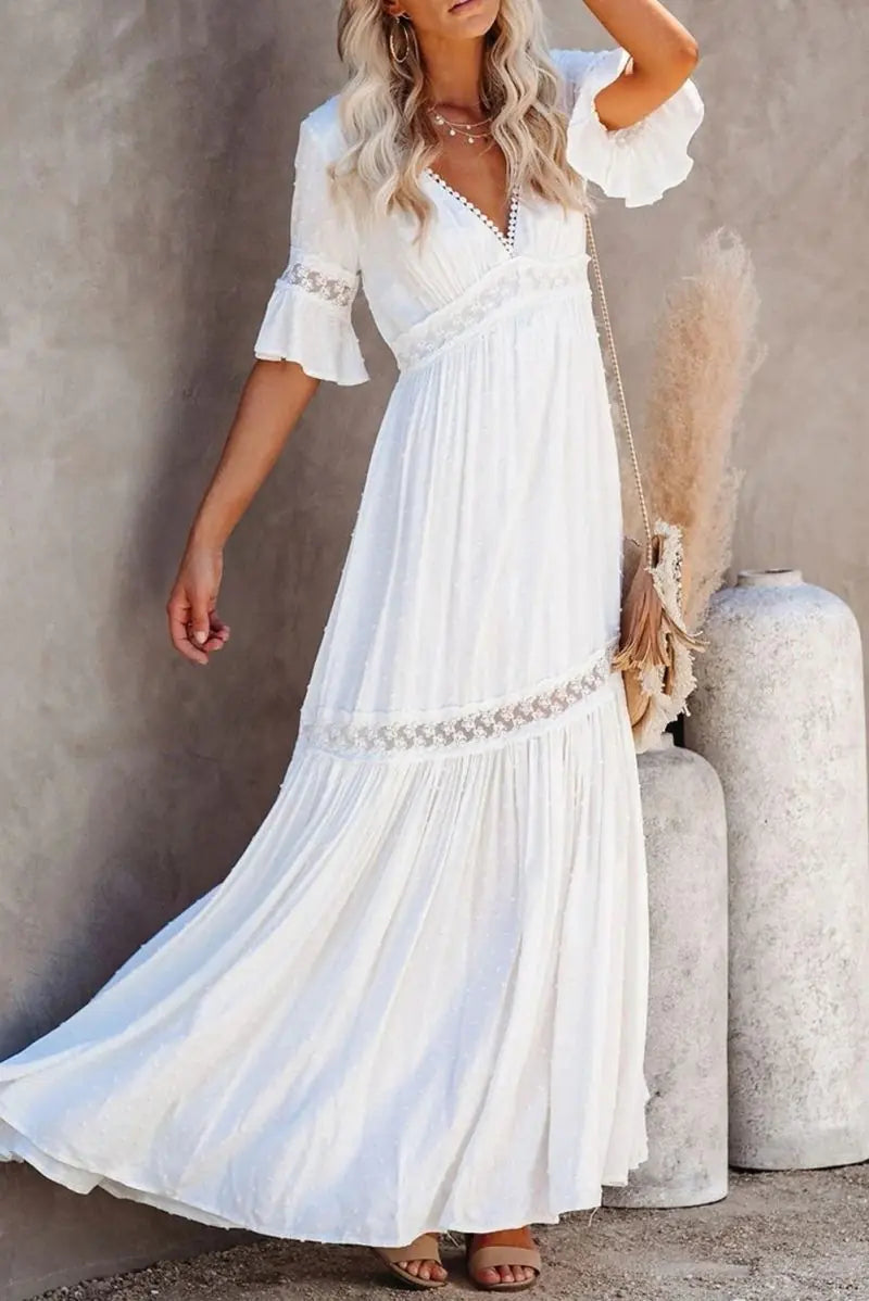 Women's White V-Neck Lace Maxi Dress with Flutter Sleeves - Image 6