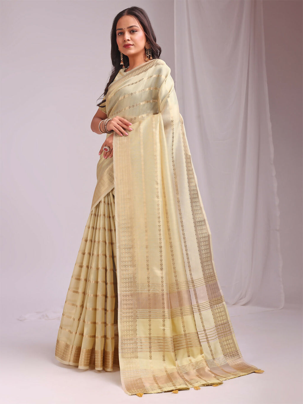 Gold Organza Saree with Contrast Yellow Blouse