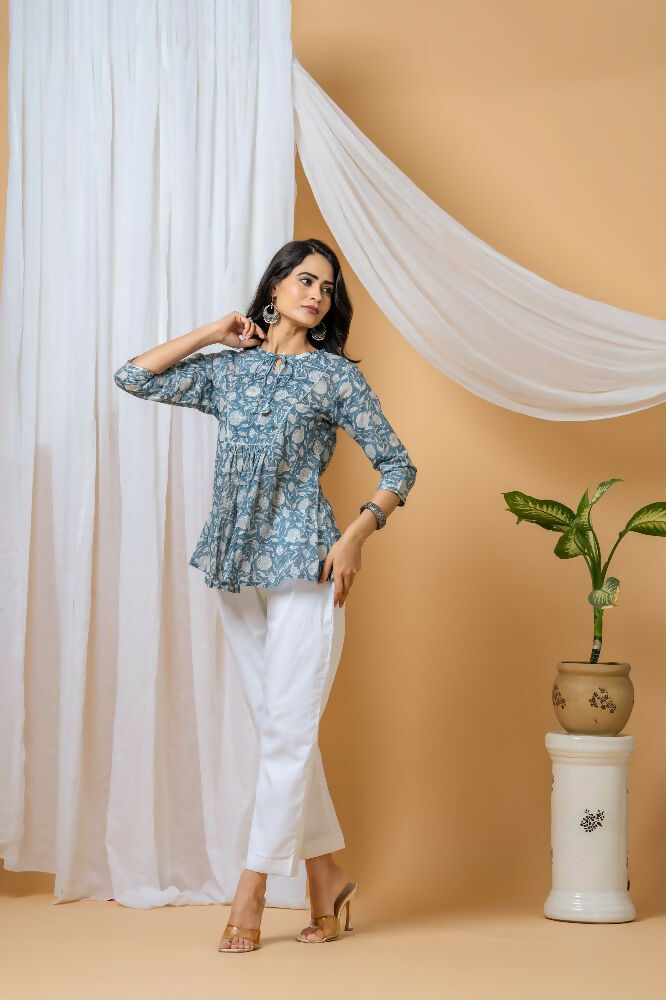 Blue Floral Hand Block Printed Cotton Co-Ord Set