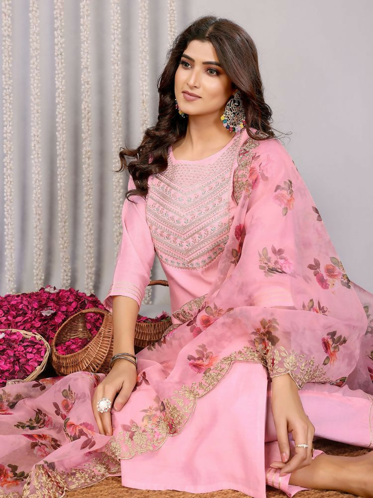 Women Light Pink Roman Embroidery Stitched Kurta Set with Dupatta