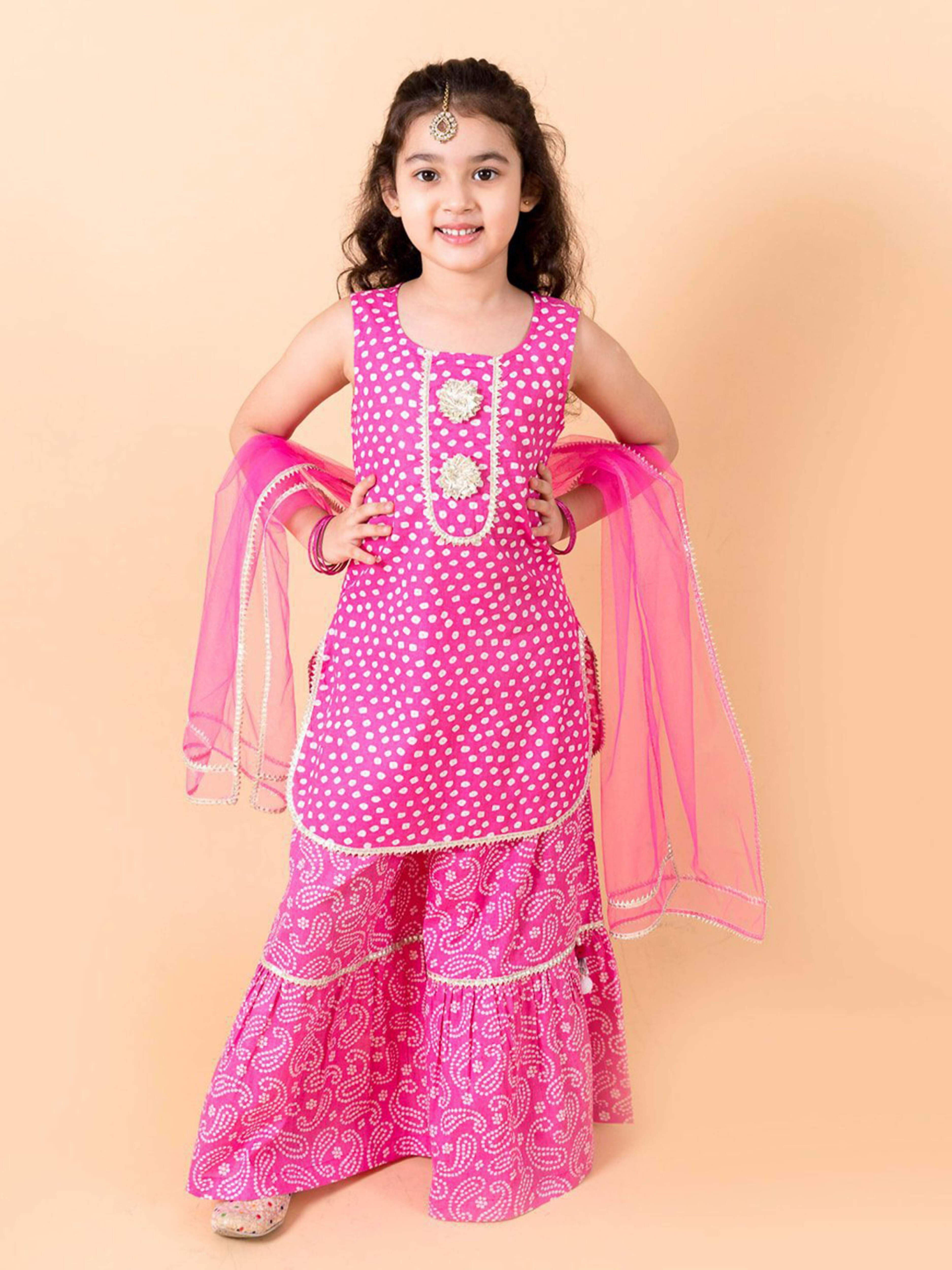 Girl's pink 100% cotton sharara set with traditional dupatta