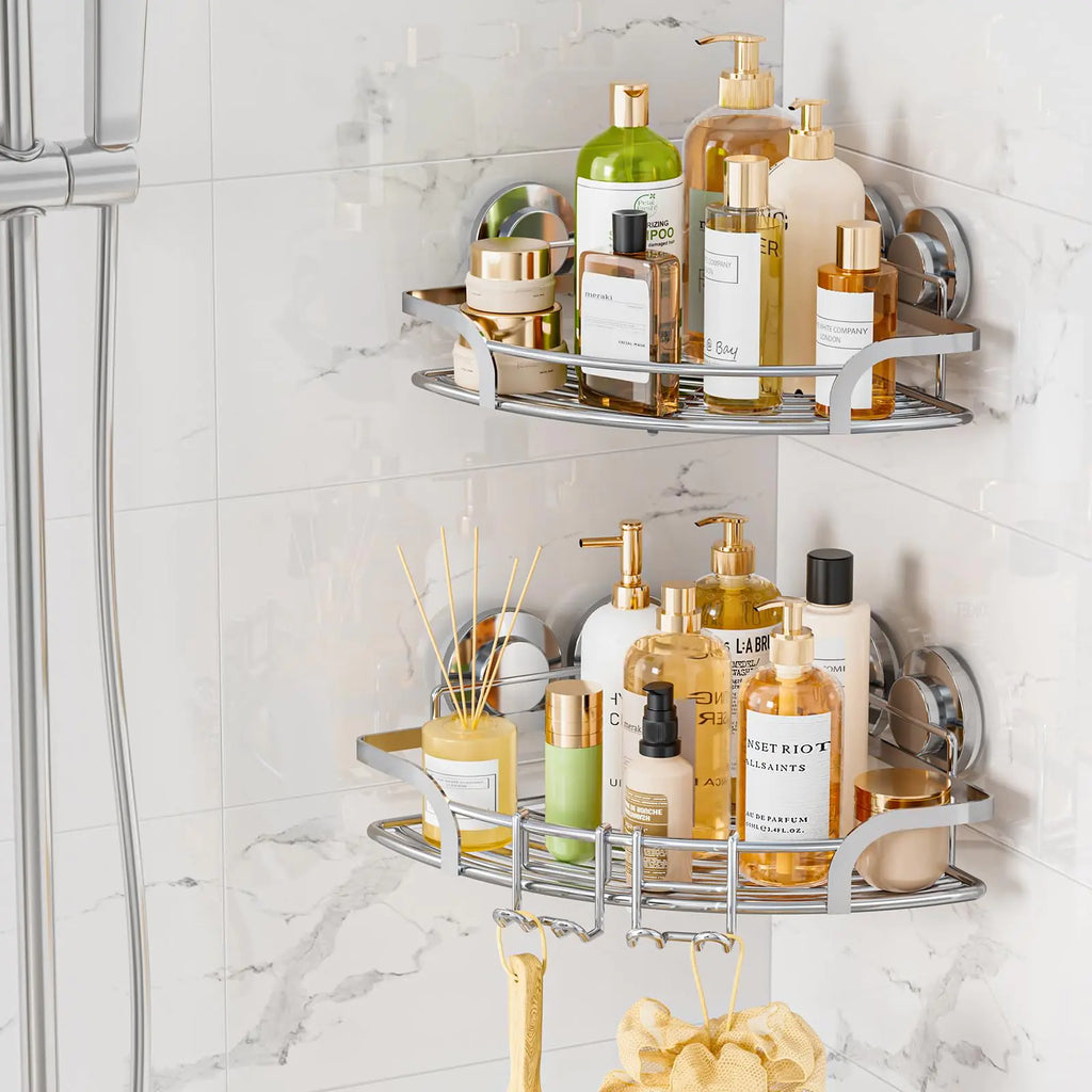 LEVERLOC Suction Cup Shower Corner Caddy 2 Pack Drill-Free Heavy Duty Shower Shelf with Hooks Wall Mounted Basket Organizer for Bathroom Removable Rustproof Stainless Steel Shower Rack Silver