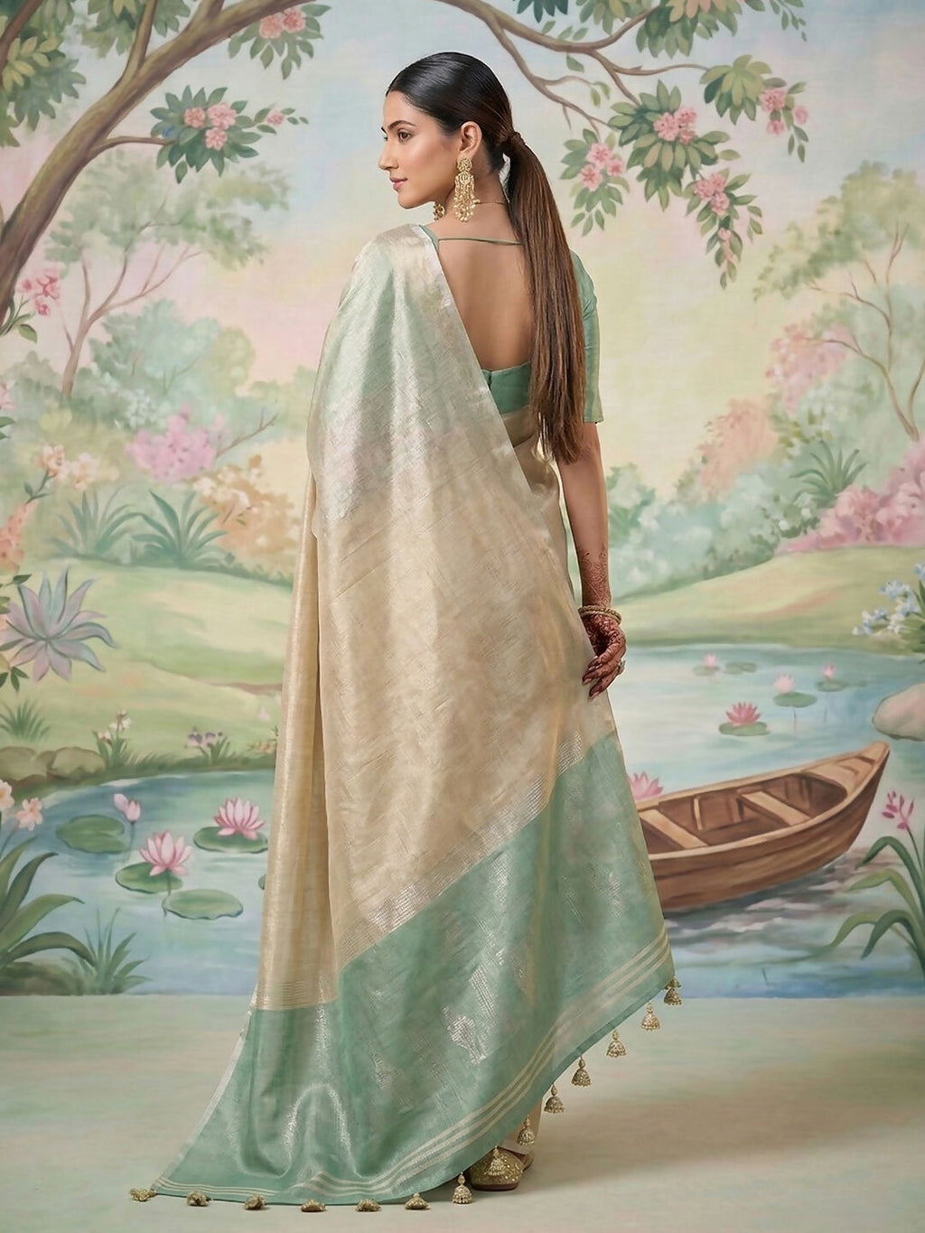 Beige Tissue Silk Saree with Matching Blouse Piece