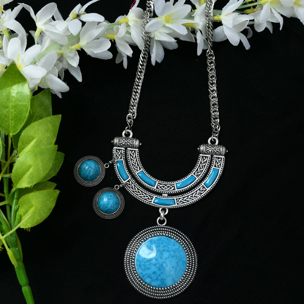 Long oxidised silver-plated necklace with sky blue stone work