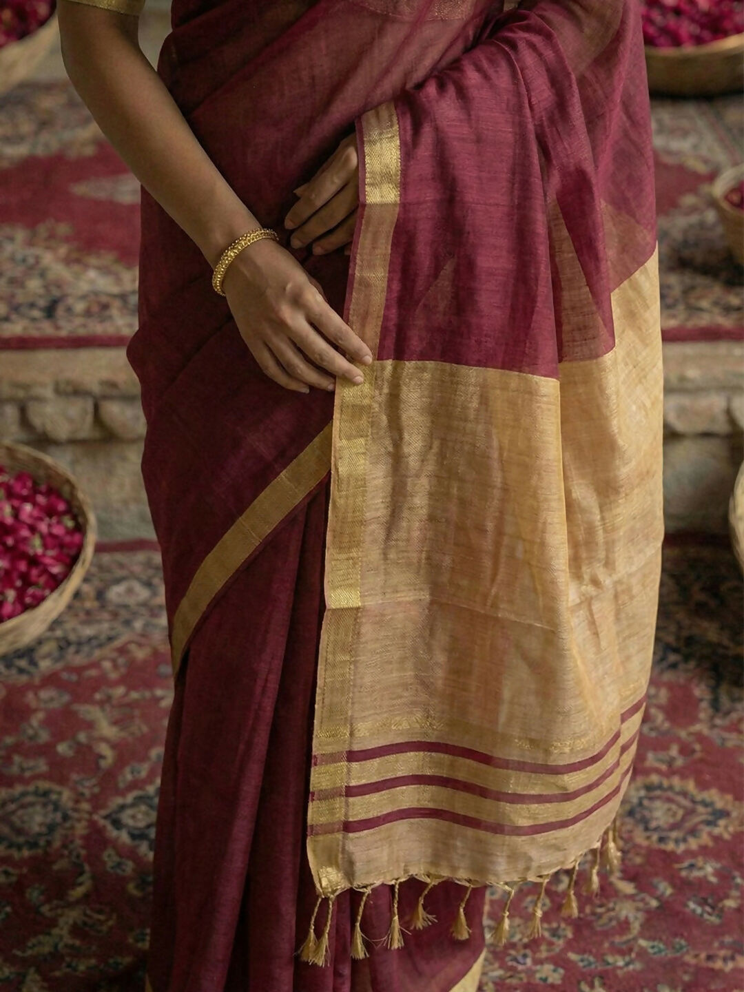Sophisticated Wine Cotton Saree with Beige Blouse