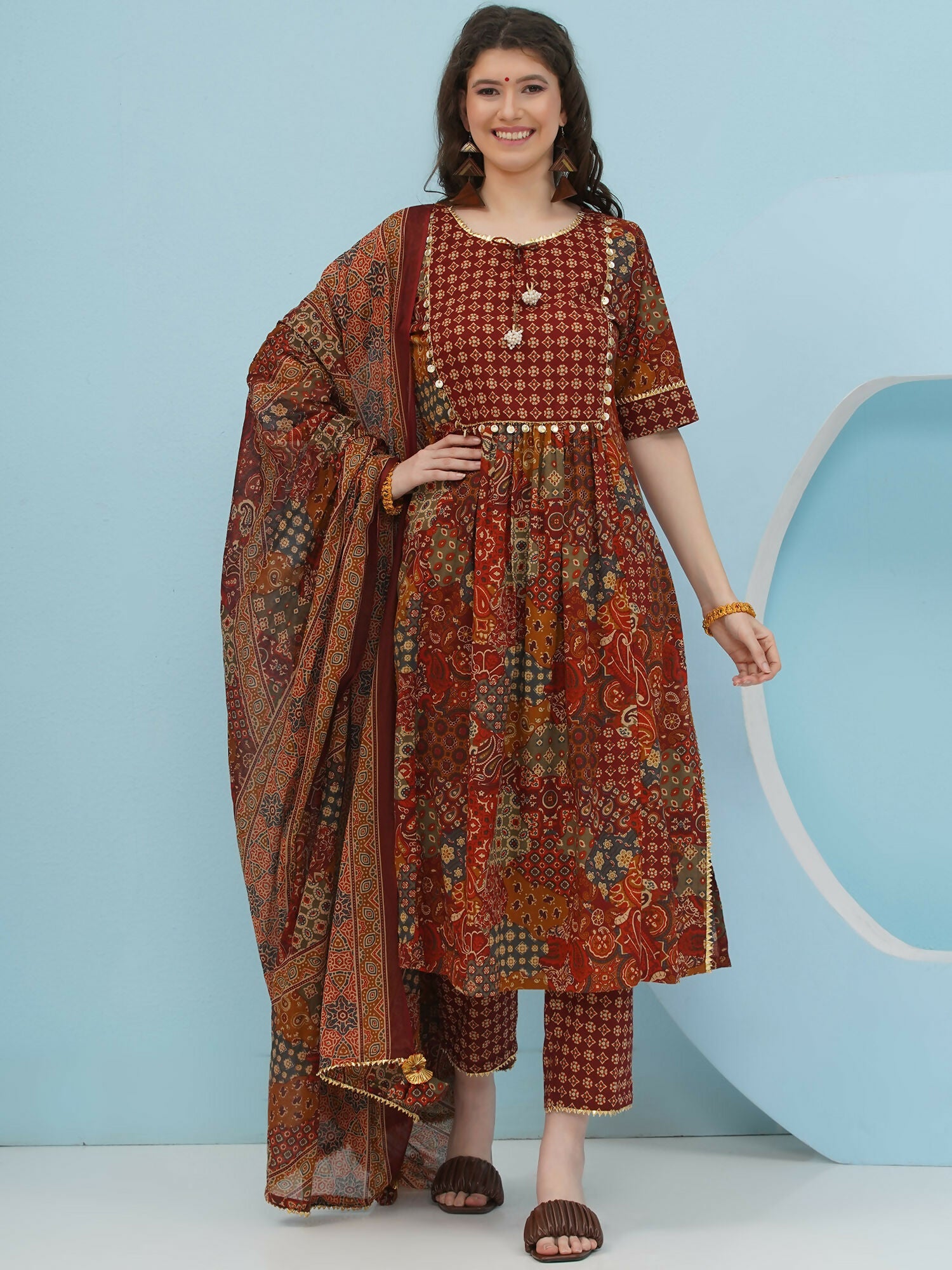 Brown Cotton Suit Set for Women