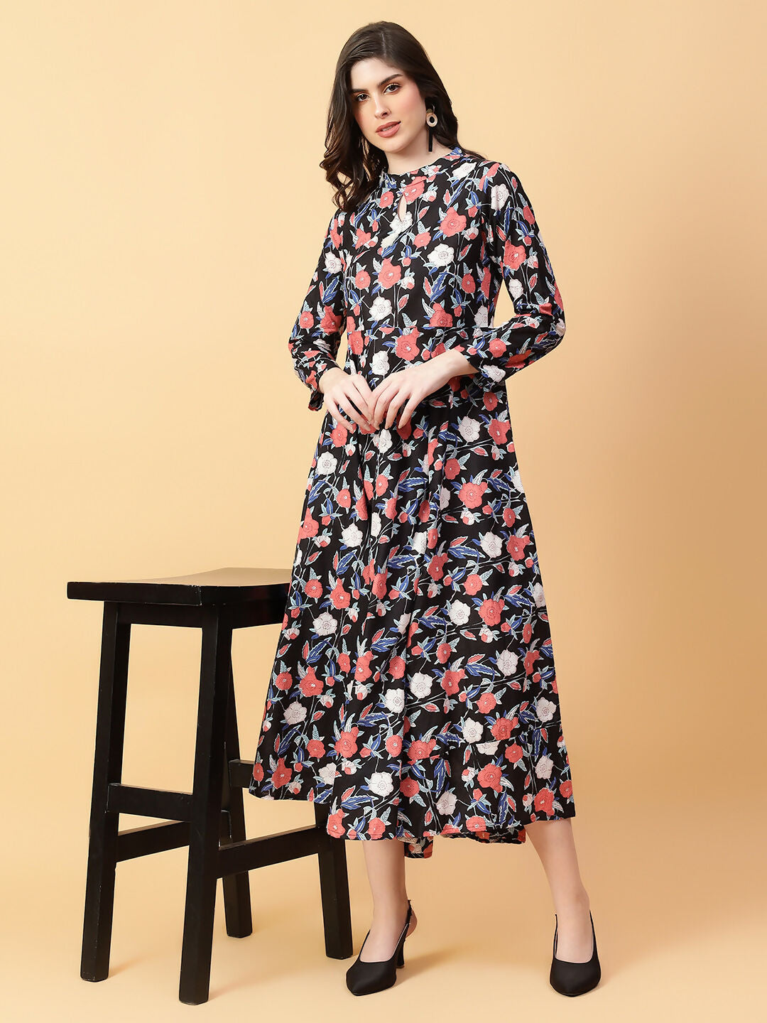 Black cotton floral dress with hand work detailing and bohemian style