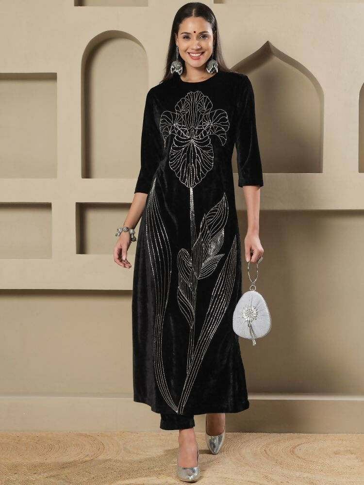Black Velvet Kurta Set with Intricate Hand Embellishments