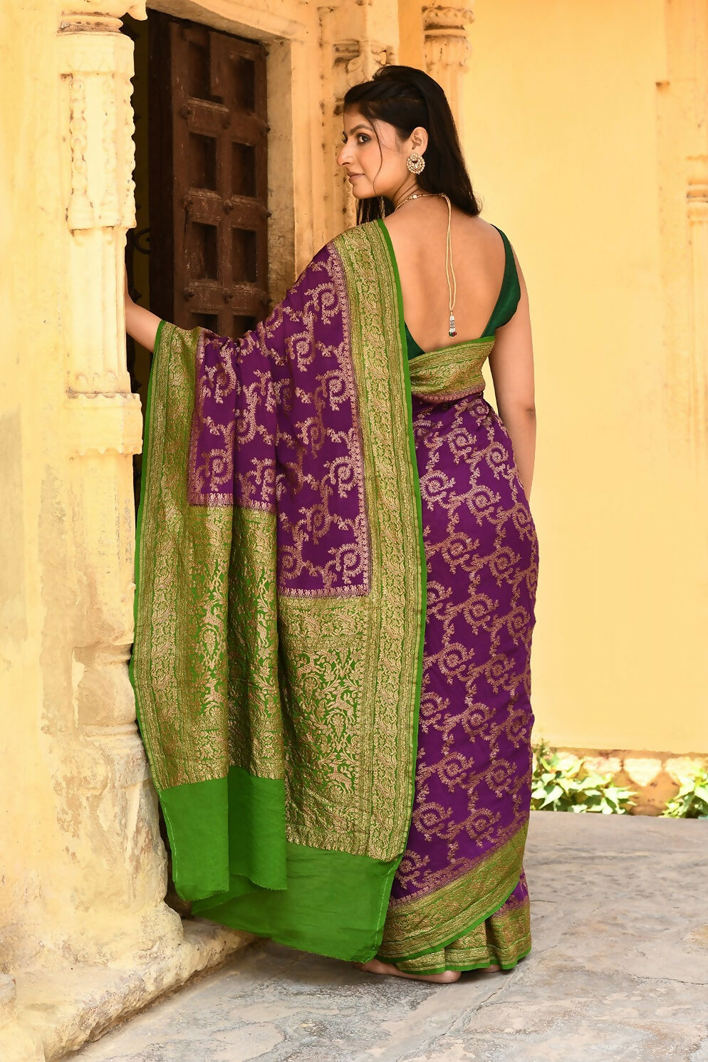 Purple Crepe Chiffon Pure Handloom Banarasi Silk Saree