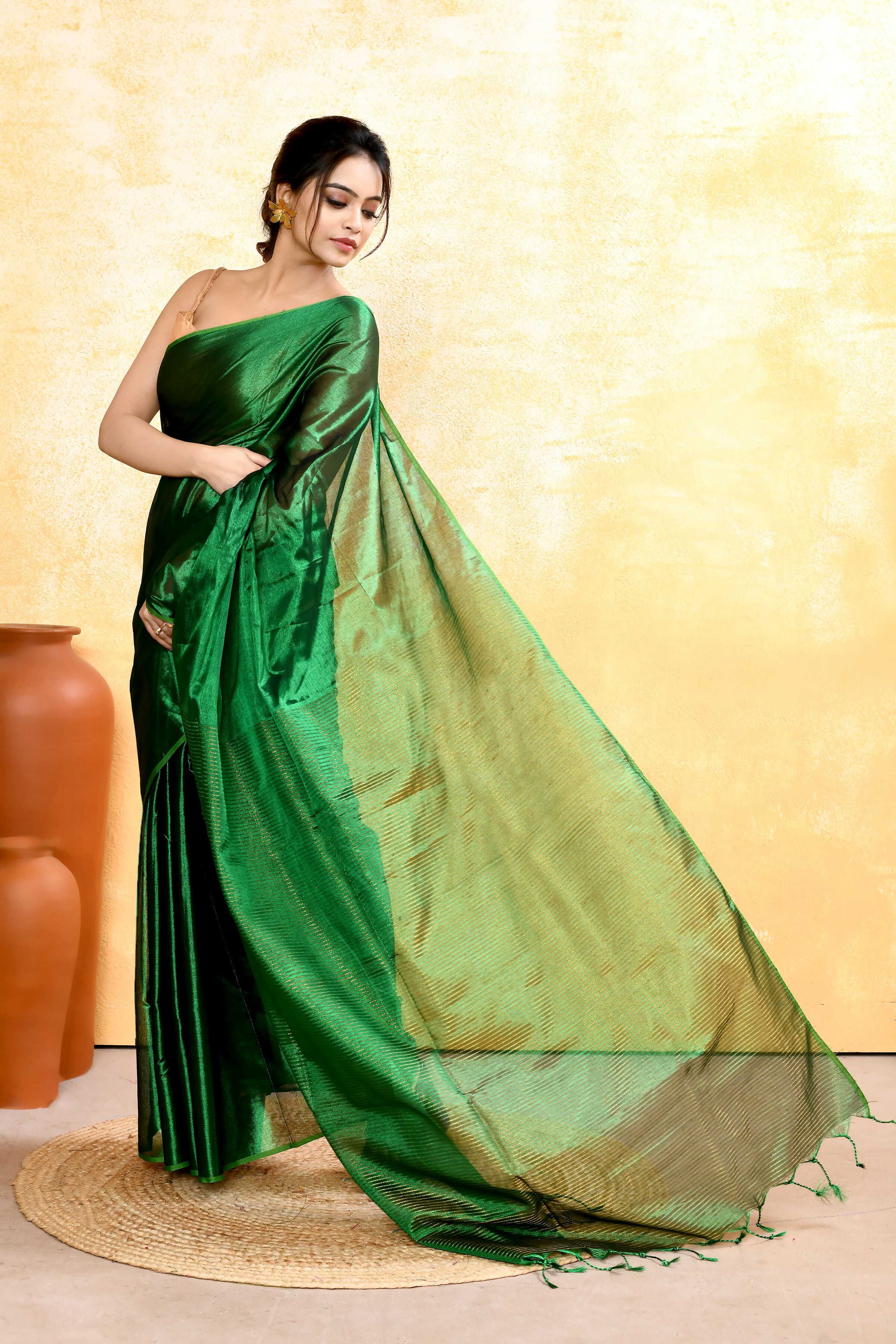 Women's Green Dual Tone Organic Tissue Saree with Blouse Piece