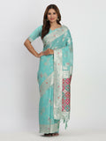 Sea green linen cotton saree with matching blouse piece
