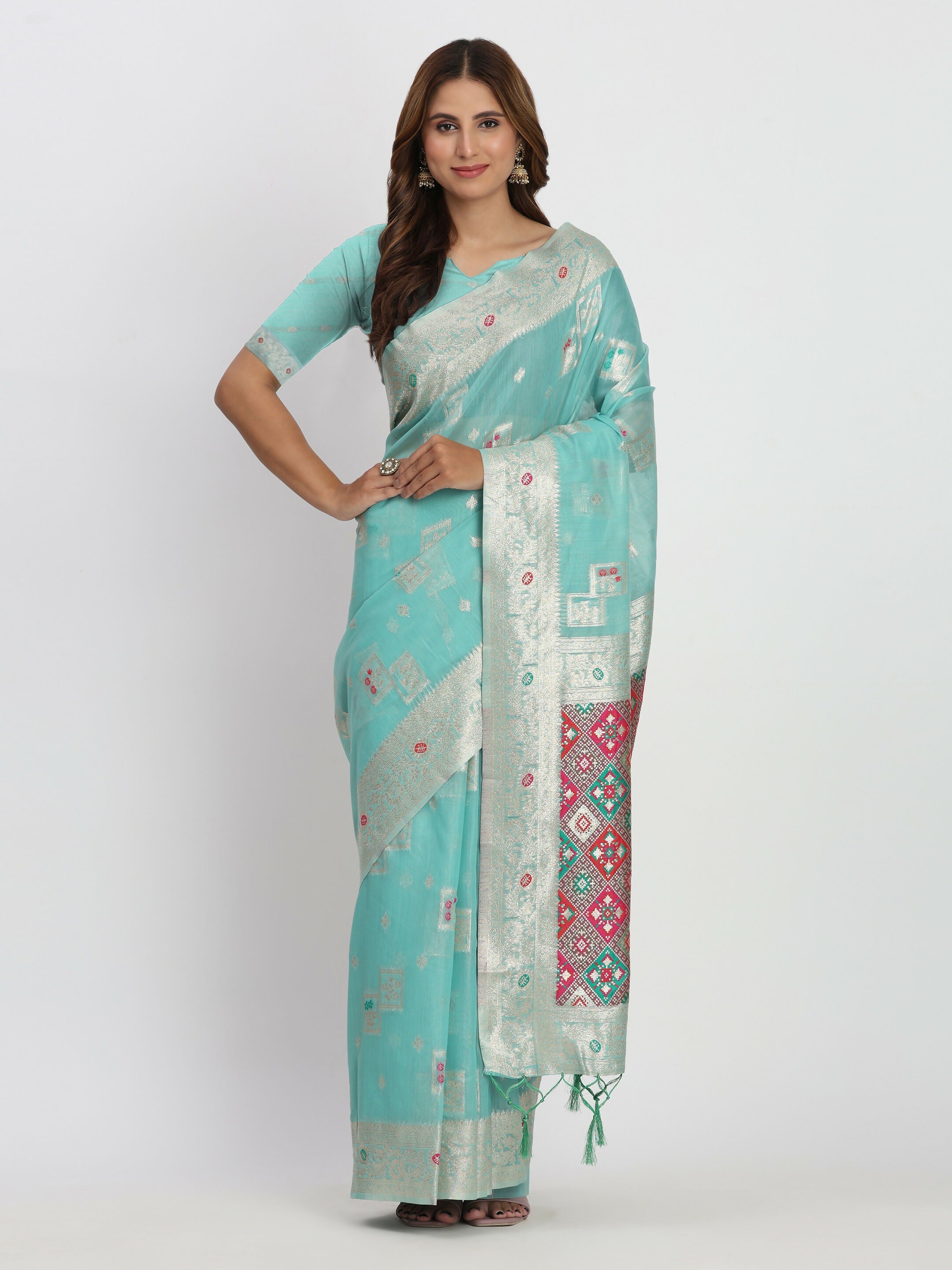 Sea green linen cotton saree with matching blouse piece