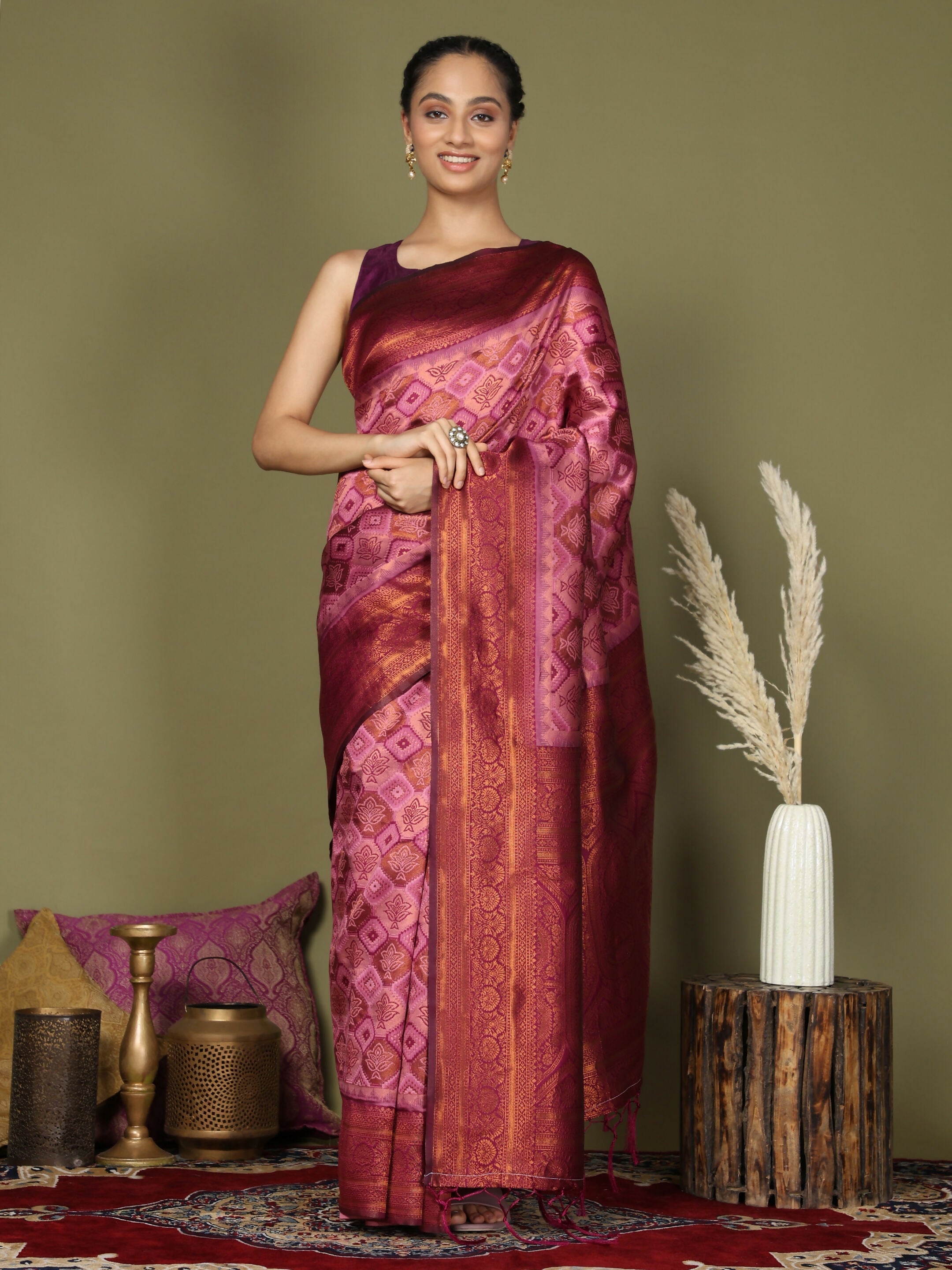 Light Pink Lichi Silk Saree with Magenta Blouse
