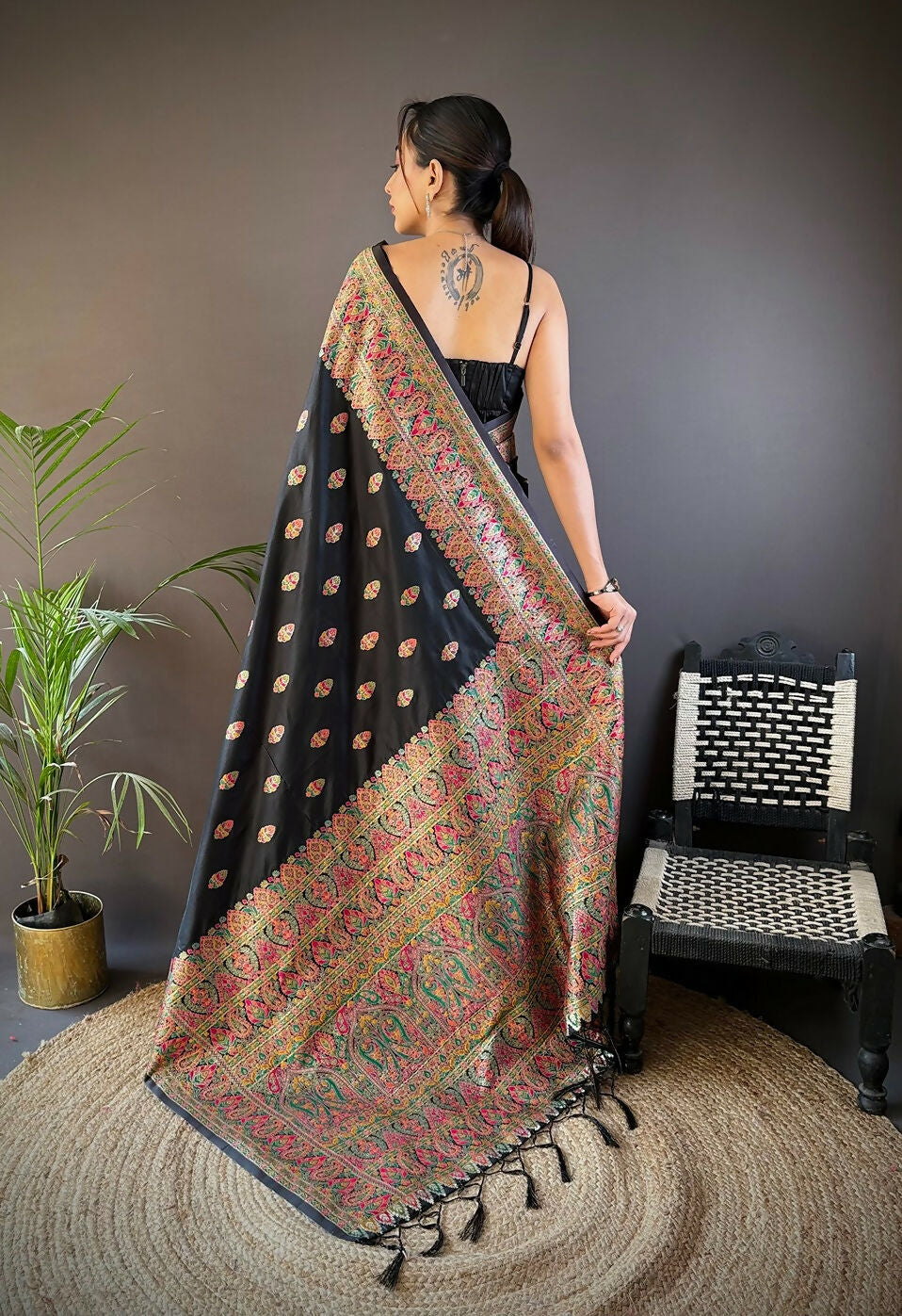 Joban Fashion Black Meena Weaves Pashmina Sarees