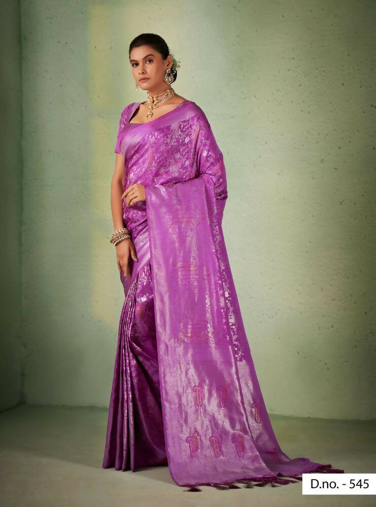 Elegant Violet Kanjivaram Silk Saree with intricate weaving work and matching tassel details
