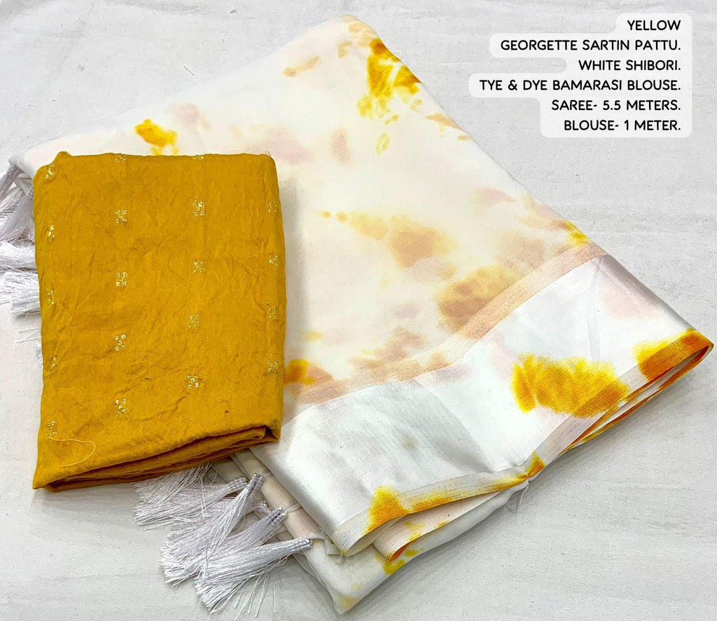 Yellow Poly Georgette Tie and Dye Saree with Zari Blouse
