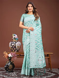 Sea green linen cotton saree with matching blouse piece for daily wear