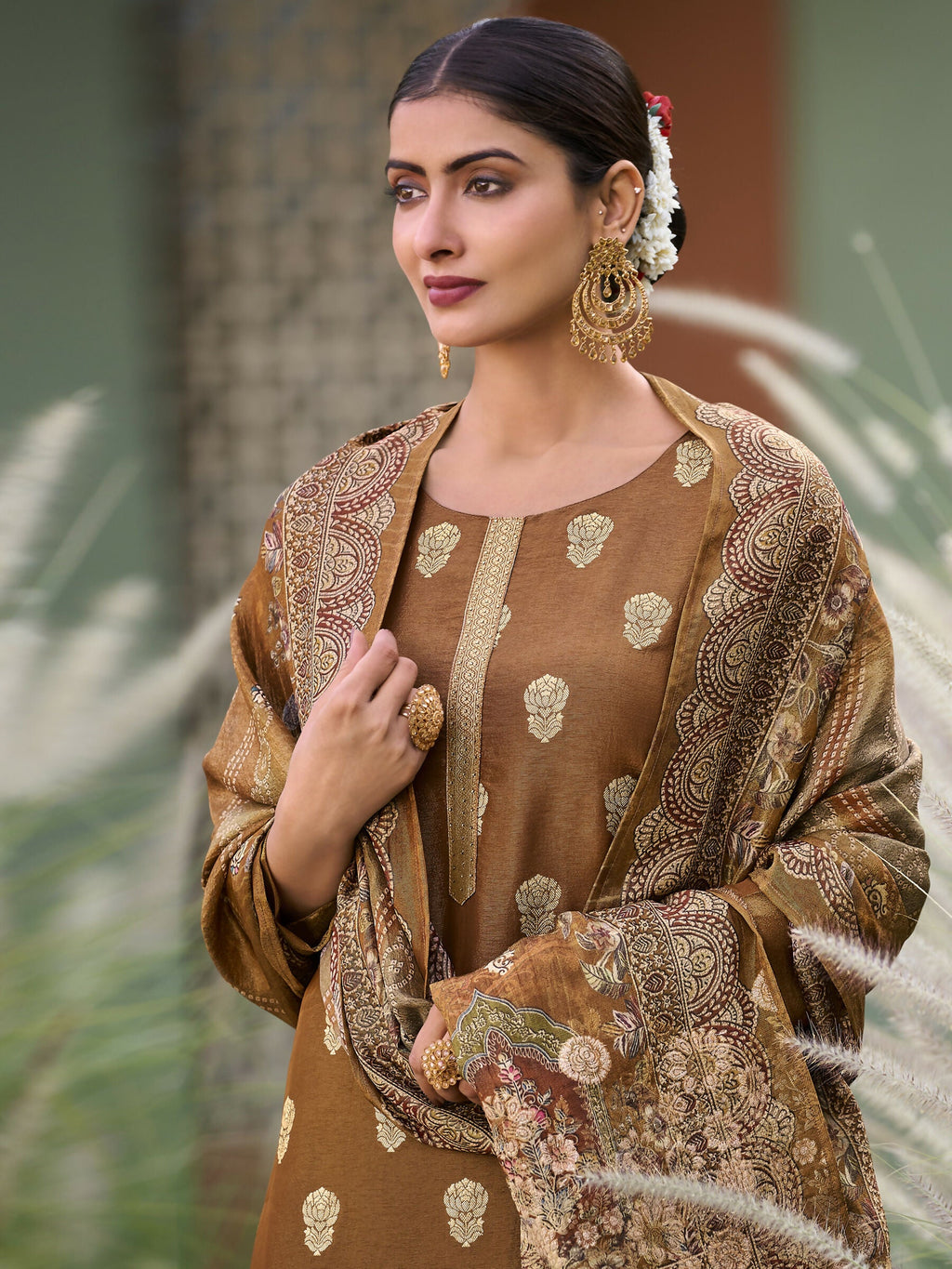 Women's Brown Pure Silk Jacquard Straight Kurta Set with Dupatta