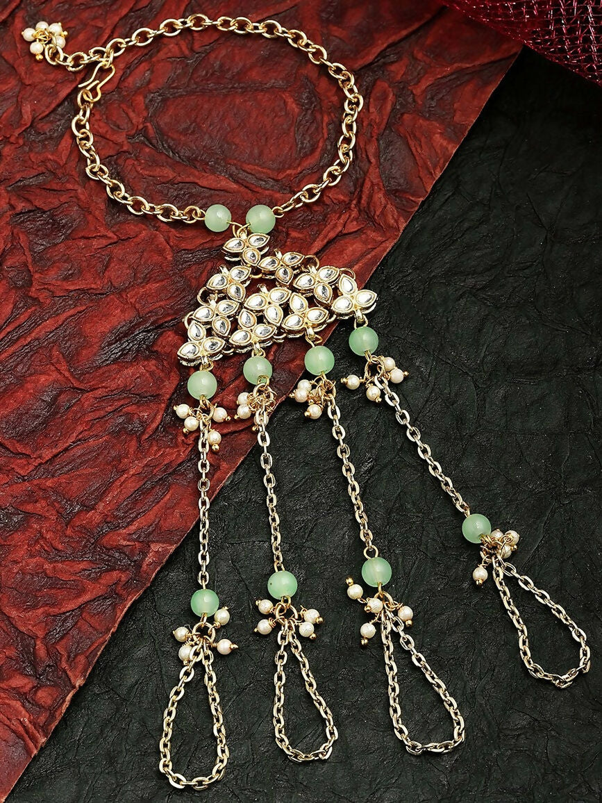 Mint green and gold Kundan Hathphool bracelet in a bohemian-indian style on a brass base