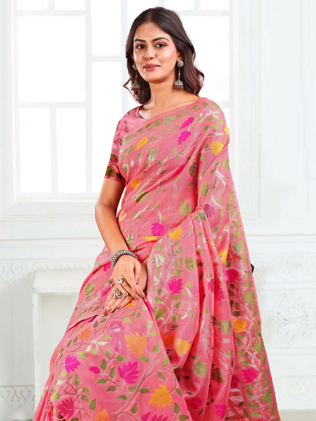 Pink Linen Cotton Saree with Matching Blouse Piece