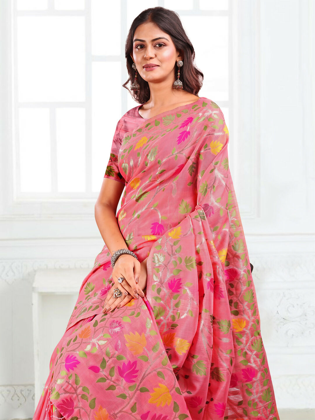Pink Linen Cotton Saree with Matching Blouse Piece
