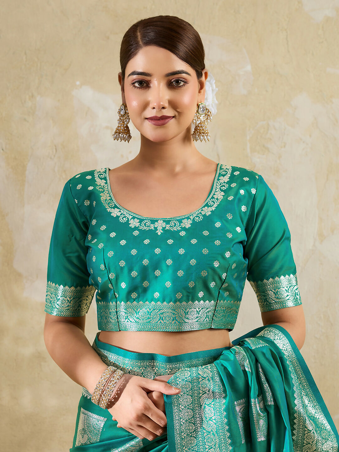 Sea Green Silk Blend Saree with Matching Blouse Piece